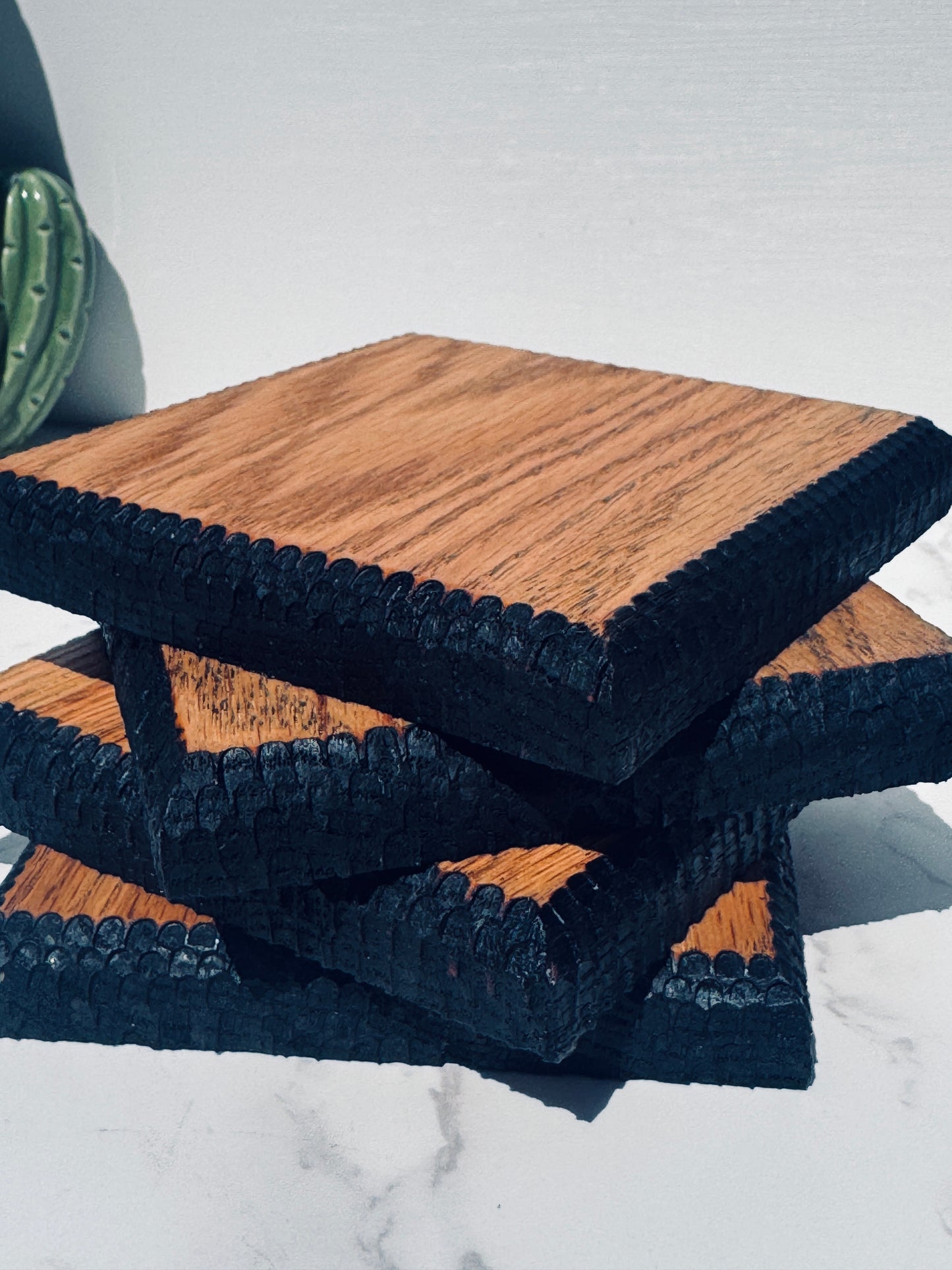 Textured edge square oak coasters