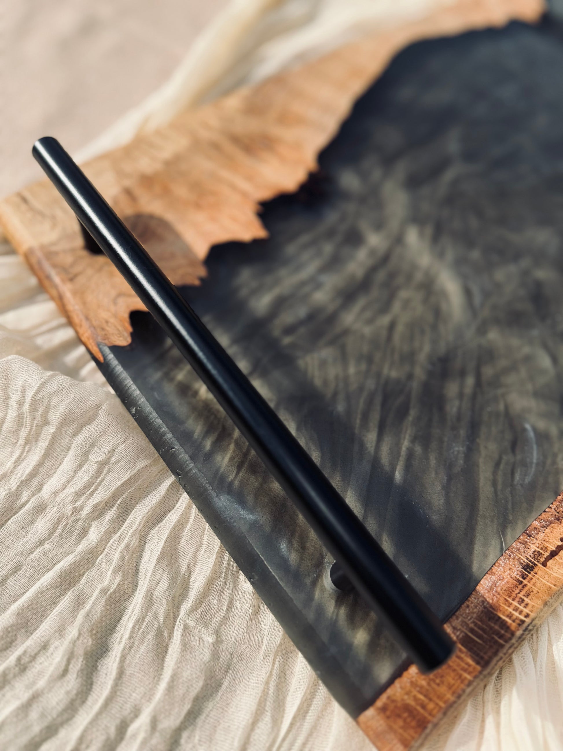 Oak and Smokey Epoxy Serving Tray, close up of handle