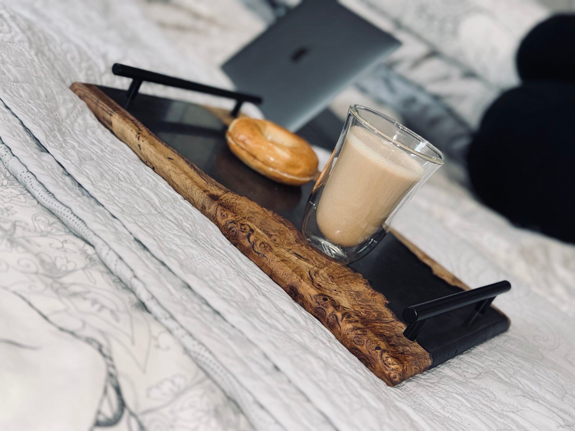 Oak and Smokey Epoxy Serving Tray image of tray on a bed staged for breakfast